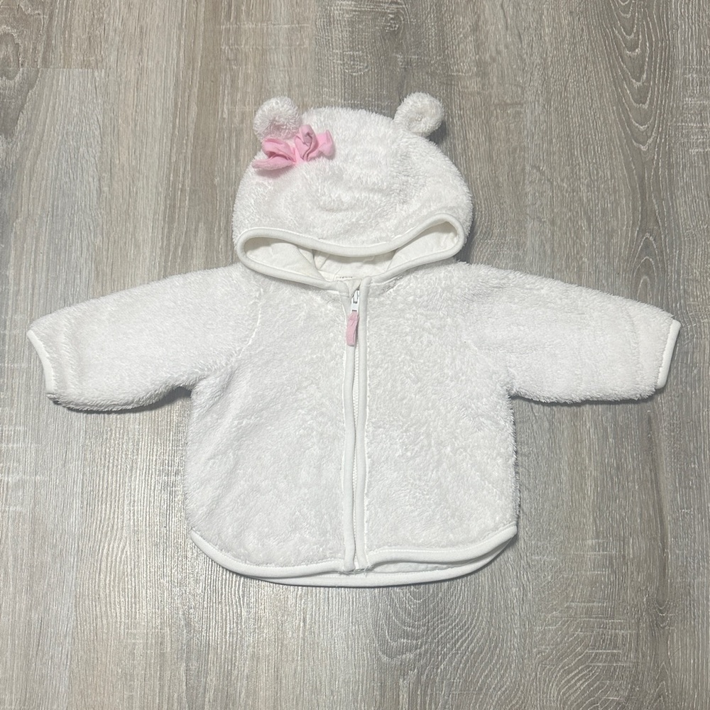 H&M White Sherpa Baby Hooded Jacket with Pink Bow